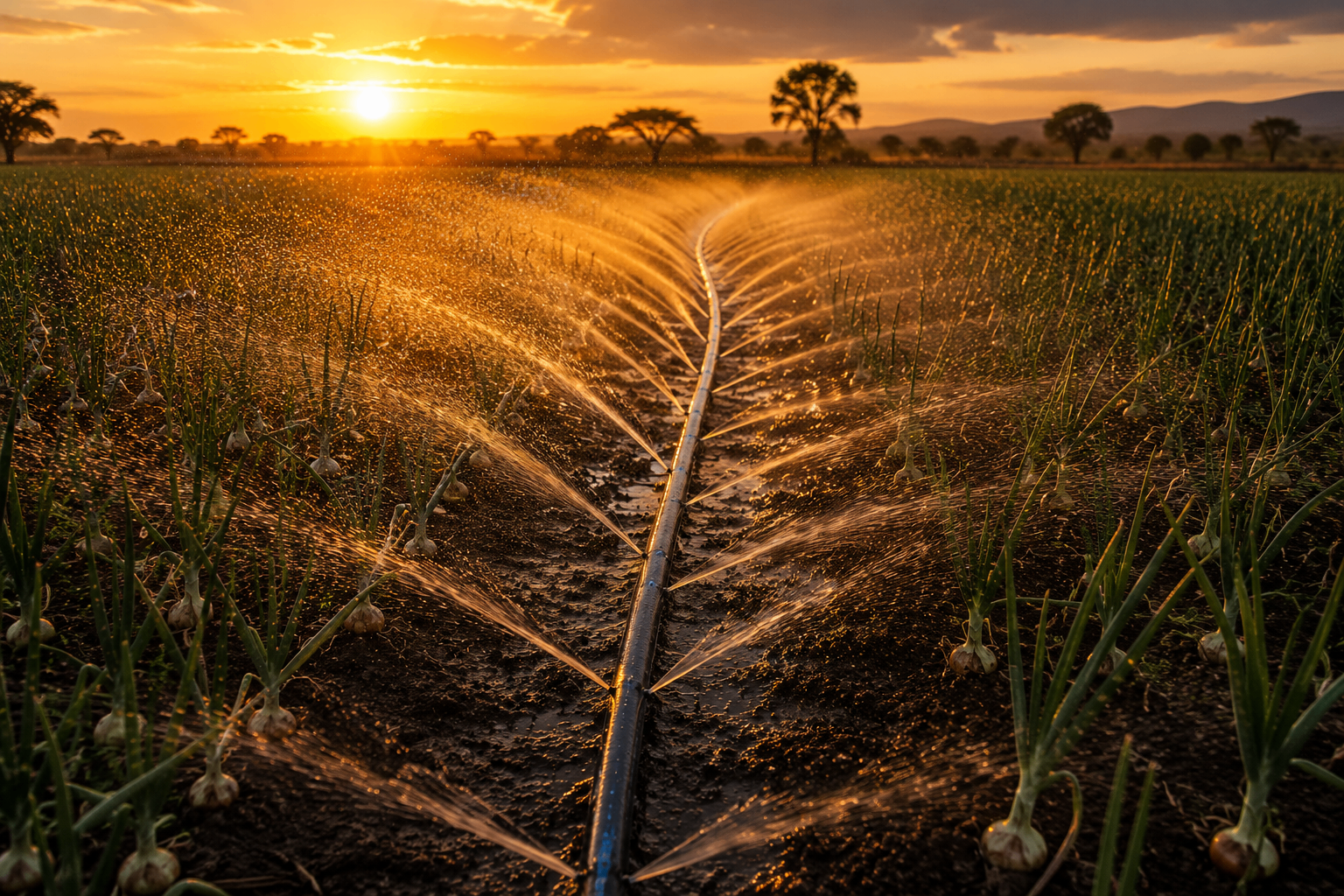 AFRODRIP drip irrigation line watering a cultivated field at sunset