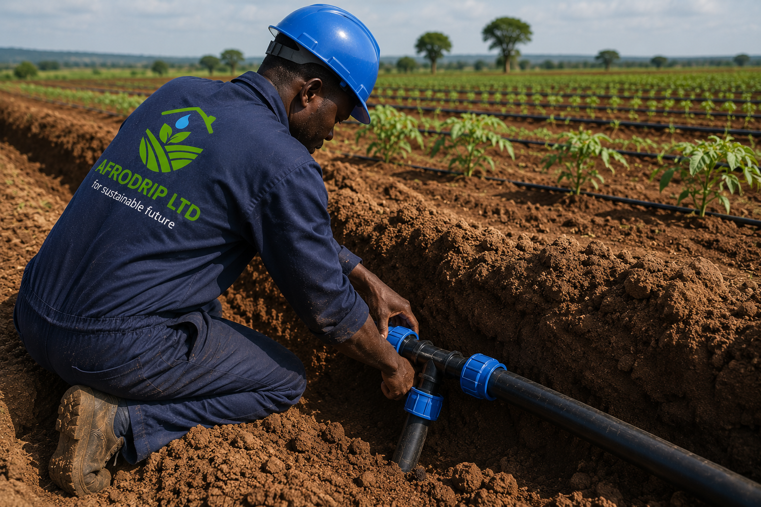 AFRODRIP technician installing irrigation pipe fittings in the field